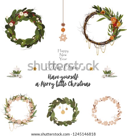 Christmas winter set of 5 botanical wreaths for background for invitation, postcard. Wreath with fir, apples, berries, willow, mistletoe, oranges, spices, gingerbread cookies. And holiday lettering