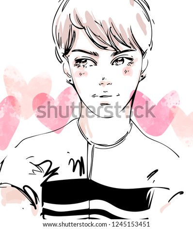 Attractive young guy face vector portrait with pink hearts on background for Valentine's Day holiday celebration design. Shy boy. Hand drawn black and white ink sketch style fashion illustration. 