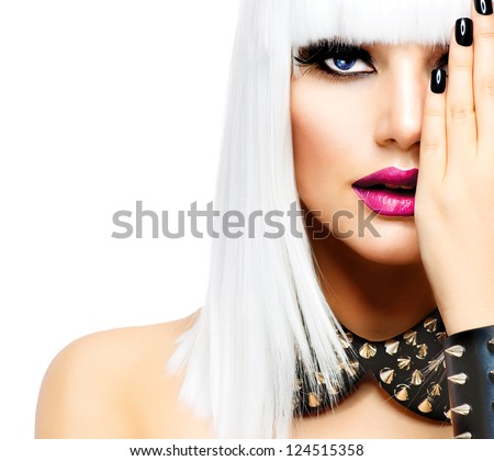 Fashion Beauty Girl. Punk Style Woman isolated on White Background. White Hair and Black Nails. Black Leather metal goth punk bracelet with Chrome Studs