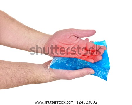 Cool gel pack on a swollen hurting palm. Medical concept photo. Isolation on a white background. Color Enhanced skin with read spot indicating location of the pain.