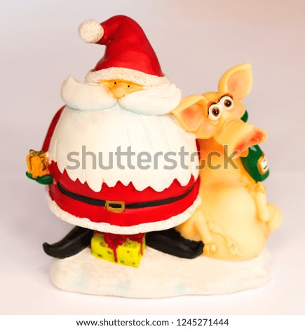 Santa Claus New year toy statuette symbol pig bottle champagne gift white background holiday