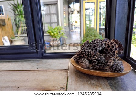 Pine fruit and dried lotus on the wooden stick next to the glass window.