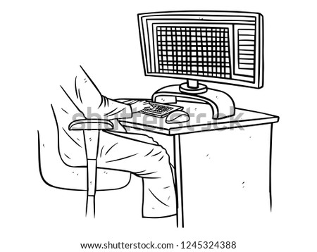 black and white line art playing computer