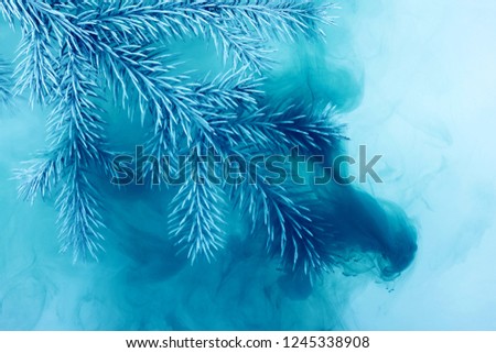 Branches needles with blue acrylic paints inside the water on a white background. Watercolor style and abstract image of christmas tree branches.
