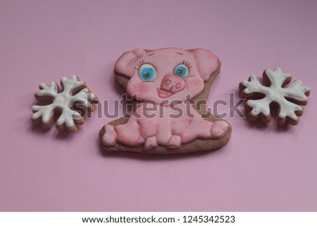 Christmas gingerbread on a pink background. Snowflakes and pig.