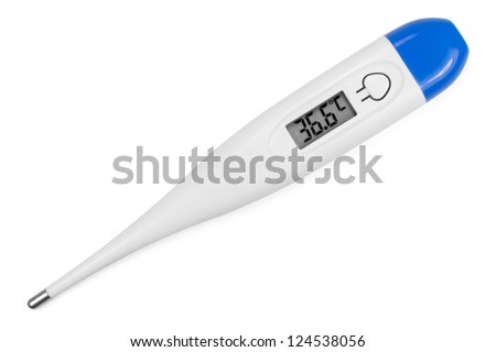 Electronic body thermometer displaying healthy human body temperature 36.6 grades C (Celsius). Isolated on white. Clipping path (without shadow) Royalty-Free Stock Photo #124538056