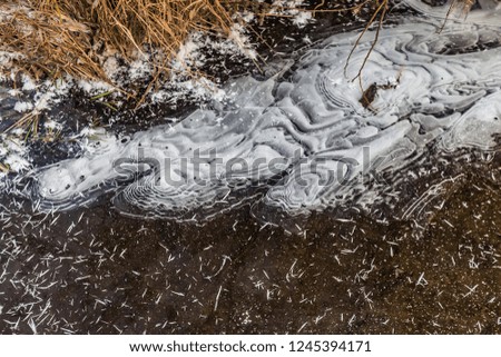 Air bubbles on ice in winter closeup