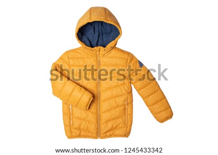 Childrens winter jacket. Stylish childrens yellow warm down jacket isolated on white background. Winter fashion. Royalty-Free Stock Photo #1245433342