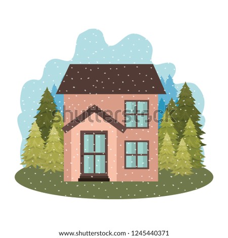 house with pine trees and snow isolated icon