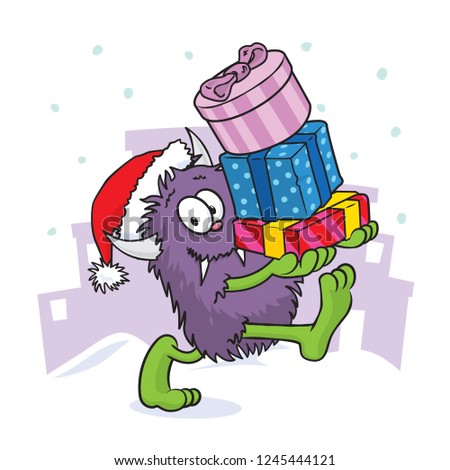 Smiling Purple Christmas Monster shopping in a Santa Hat