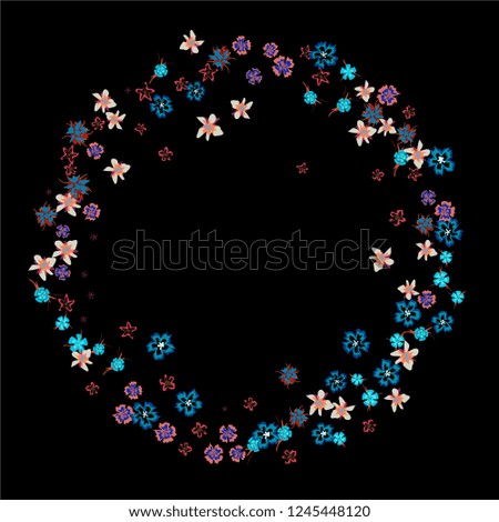 Floral Wreath. Vector Round Pattern with Tiny Wild Flowers for Print, Brochure, Poster. Floral Decoration for Wedding or Birthday Invitation. Colorful Design on Black Background.