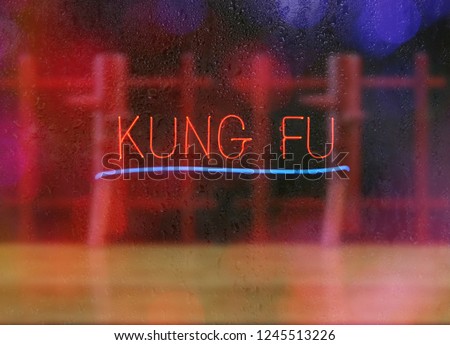 Neon Kung Fu Sign in Rainy Window With Blurred Wooden Dummy in Background
