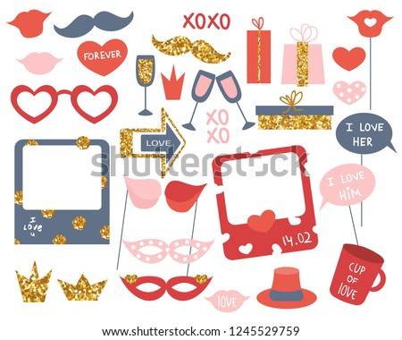 Set of photo booth props for Valentine's Day or other party. Vector hand drawn illustration.