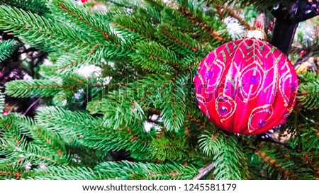 Beautiful Christmas ornaments. Christmas decoration in the form of a red-pink ball, in the background, branches Christmas tree.