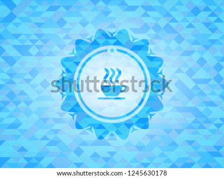coffee cup icon inside realistic light blue mosaic emblem