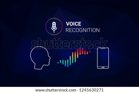Voice recognition. Personal assistant. Smart music sound waves or voice recognition technology. Concept with microphone ai icon. Futuristic vector background.