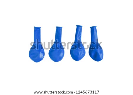 Close up top view four blue balloons without blown on isolated white background and clipping path, toy idea for celebrate in party for chirldren and young hood