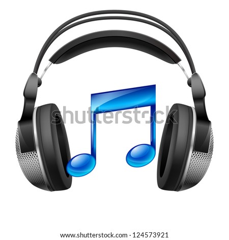 Raster version. Realistic headphones and musical note. Illustration on white background
