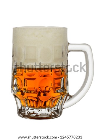 mug with amber beer and big foam on a white background