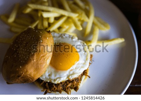 Pull Pork burger With French Fries on the white plate.