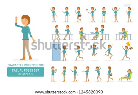 Vector young adult woman in pullover ready-to-use character casual poses set in flat style. Full length, gestures, emotions, front, side, back view.