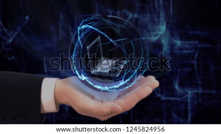 Painted hand shows concept hologram 3d old laptop on his hand. Drawn man in business suit with future technology screen and modern cosmic background