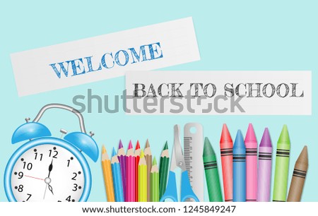Back to school text on paper record with school supplies on green background. Vector illustration