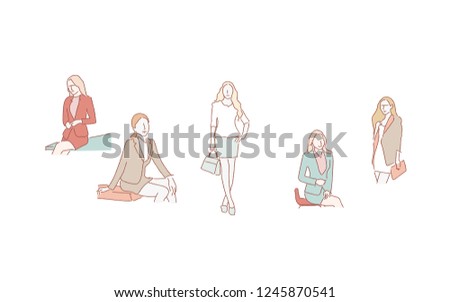 Various facial expressions and poses of business woman. illustration with hand drawn or doodle style vector design