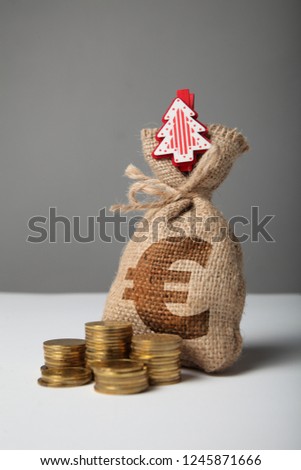 Vintage bag with money, euro sign and new year and christmas tree.