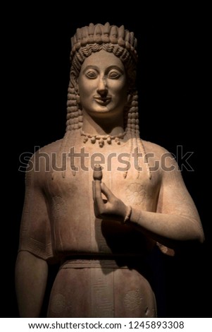 Phrasikleia Kore, Archaic Greek funerary statue by the artist Aristion of Paros.  Royalty-Free Stock Photo #1245893308