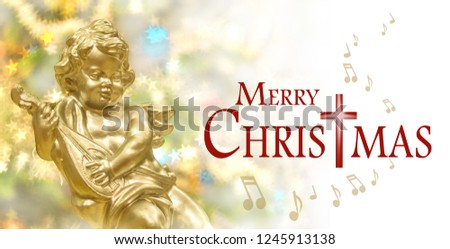 Christmas background, golden angel playing music instrument