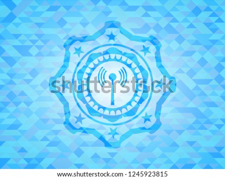 antenna signal icon inside light blue emblem. Mosaic background