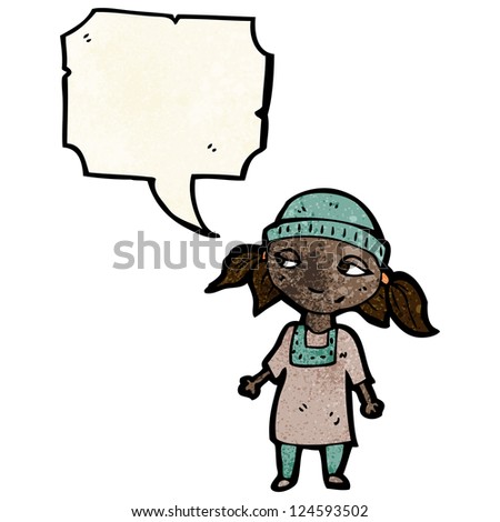 cartoon orphan girl with speech bubble