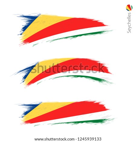 Set of 3 grunge textured flag of Seychelles, three versions of national country flag in brush strokes painted style. Vector flags.