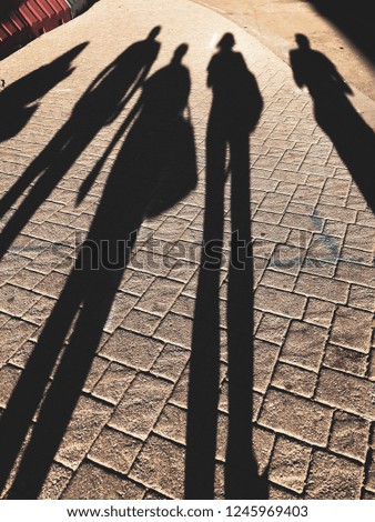 Long shadow of 5 unrecognisable people across the ground