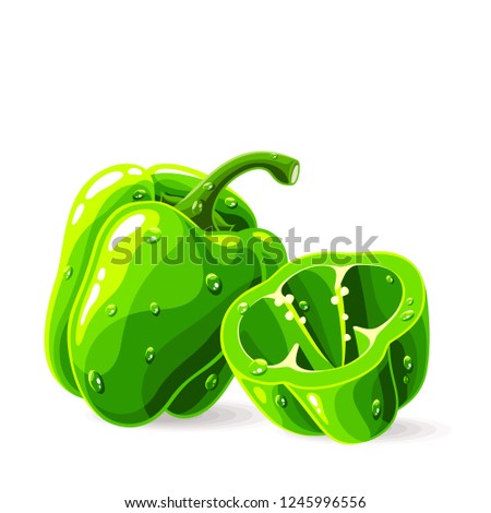 Green fresh bell peppers whole and piece with stem and drops of water on white. Vector illustration. No gradients.
