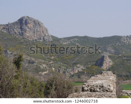 View of the mountains and valley from the ruins of the ancient Greco-Roman city of Aspendos, Antalya, Turkey