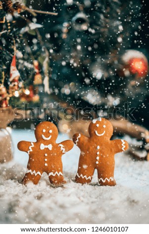 Ginger cookies party in a snowy forest