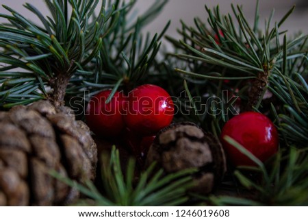 Composition of Christmas pinecone, branches of Hollies on green wooden background. Flat view, top view, copy space.