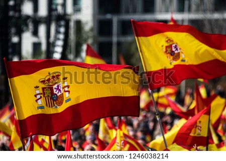 Spanish Flags waving during a protest for the unity of Spain Royalty-Free Stock Photo #1246038214