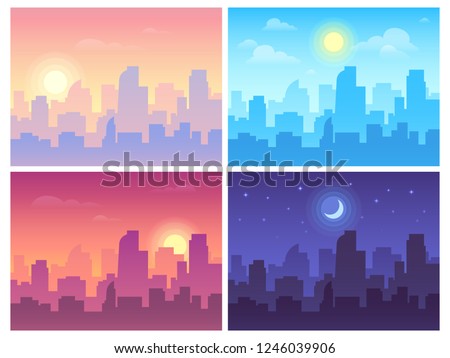 Daytime cityscape. Morning, day and night city skyline landscape, town buildings in different time and urban cityscape town sky. Architecture silhouette vector background collage set Royalty-Free Stock Photo #1246039906