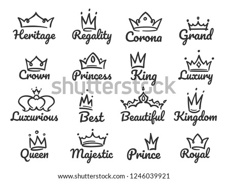 Majestic crown logo. Sketch prince and princess, hand drawn queen sign or king crowns graffiti sketch drawing. Tiara and jewel crown luxury logo vector illustration isolated icons set