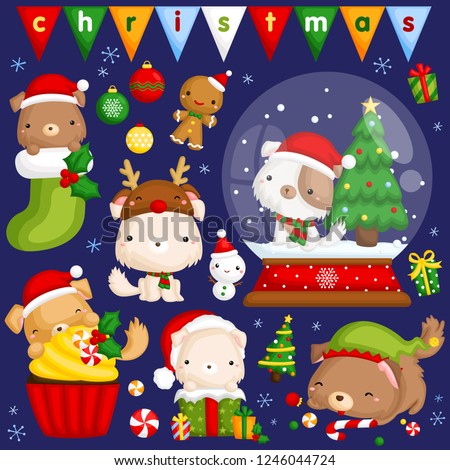 A vector set of cute little puppy in various poses and costume for christmas celebration