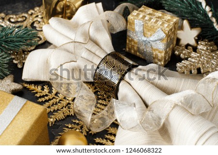 Golden and black Christmas Table Setting  with christmas decorations 