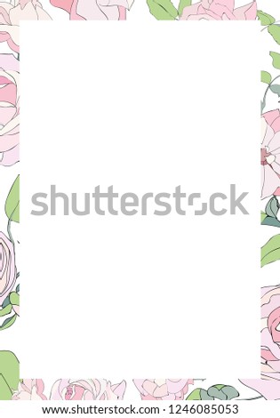 Greeting card with pink roses frame vector isolated on white background. Greeting card, Wedding invitation. Birthday greetings. 8 March.