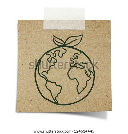 hand draw green earth with leave on note taped recycle paper