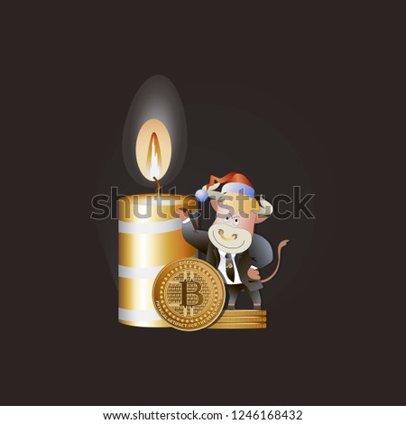 Bull businessman demonstrates the growth of bitcoins. Christmas candle. Cryptography, an illustration of financial technology, a cryptocurrency strategy game. Cartoon style.