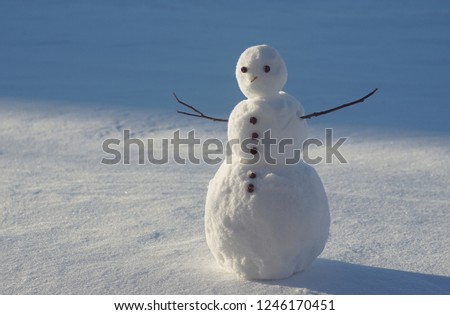   Snowman stands in a deserted snow-covered field. Sunny winter cold day.  Elementary snowman.  No money - not funny.                         