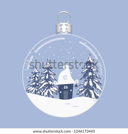 Winter landscape in a Christmas ball. There is a fabulous house, trees and snow in the picture. Vector illustration