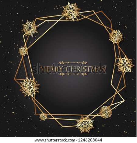 Luxury black gradient background with gold carved beautiful snowflakes for greeting cards for Christmas and New Year. Abstract winter frame. Template for text.